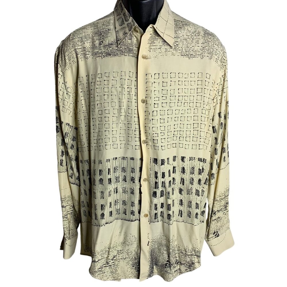 Vintage Argento Fashion Button Up Shirt L Beige Abstract Long Sleeve Italian